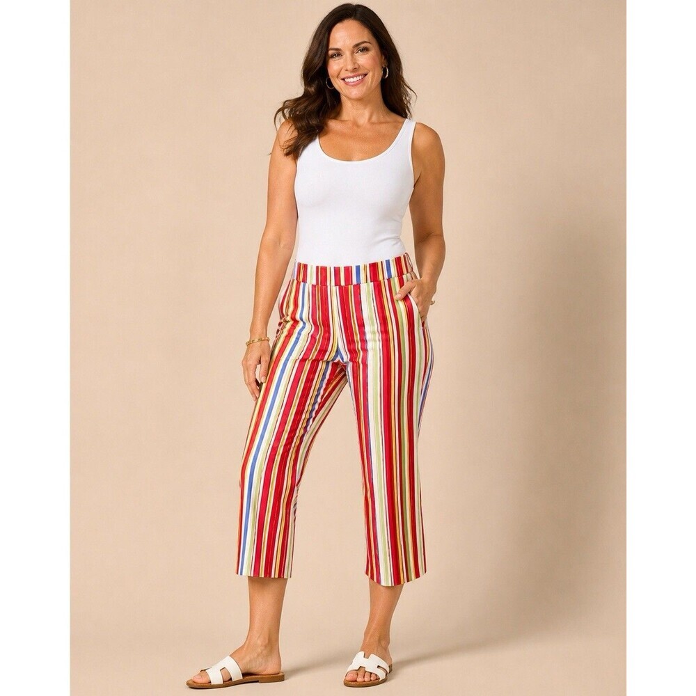 CLIO Women’s Striped Capri Pants Size 12 Red Multicolor Cotton Stretch Retro 90s